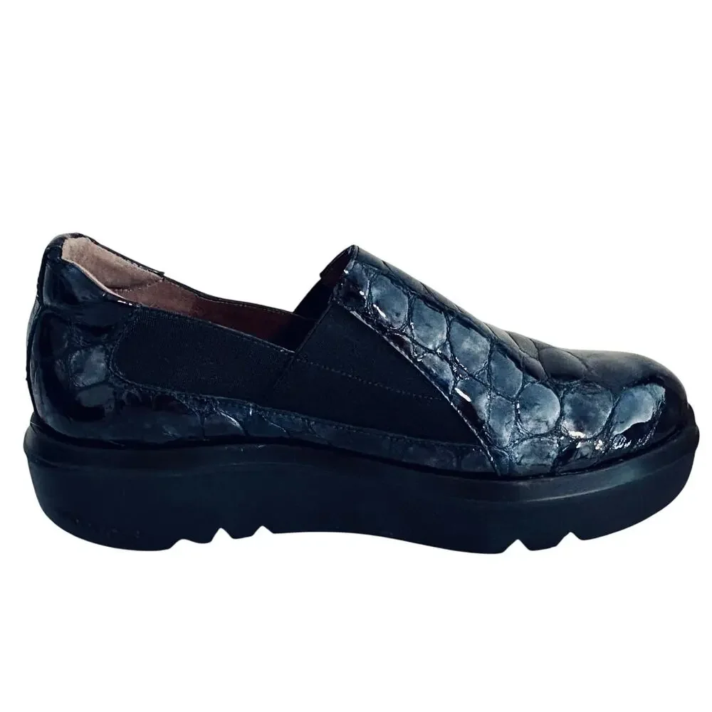 Wonders Spain Barbun Patent Leather Croc Embossed Wedge Platform Slip On Shoes